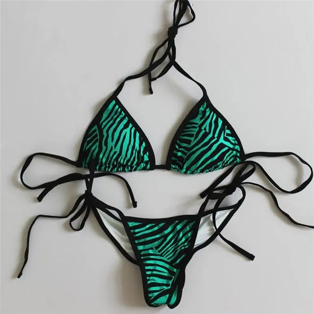 2018 new sexy padded thong bottom bandage swimsuit  Halter Brazilian bikinis set Zebra push up women swimwear bathing suit
