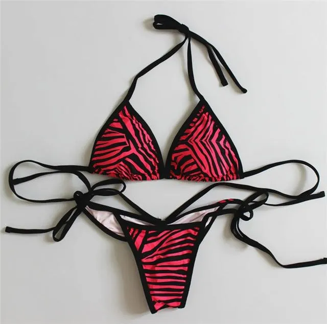 2018 new sexy padded thong bottom bandage swimsuit  Halter Brazilian bikinis set Zebra push up women swimwear bathing suit