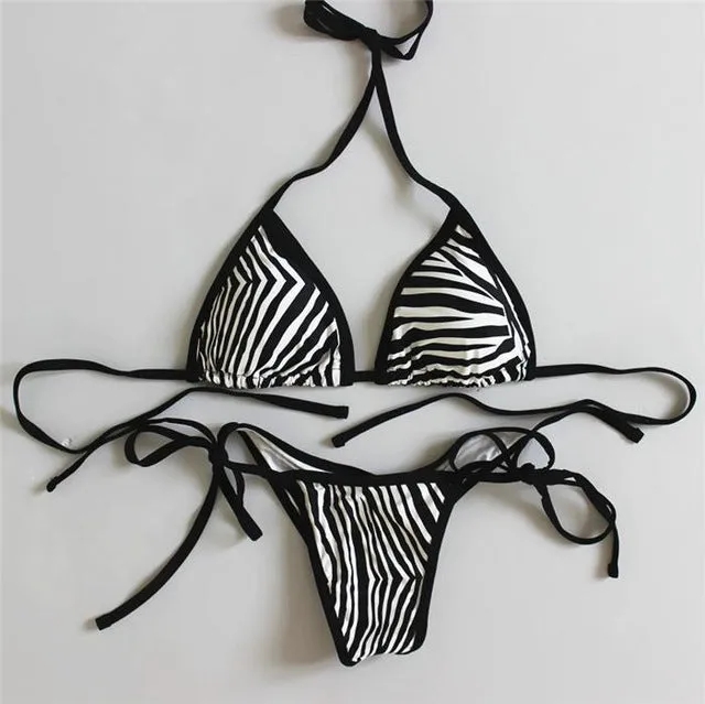 2018 new sexy padded thong bottom bandage swimsuit  Halter Brazilian bikinis set Zebra push up women swimwear bathing suit