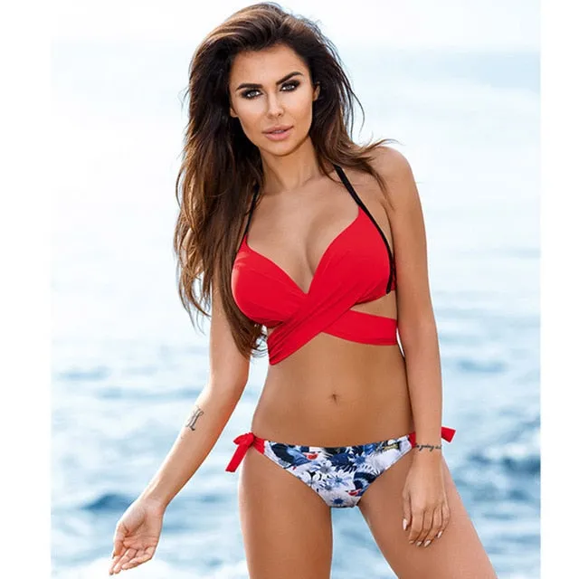 2019 Cross Stripe Women Swimwear Swimsuit Halter Push Up Bikini Top Print Maillot De Bain Biquini Bathing Suits XXL
