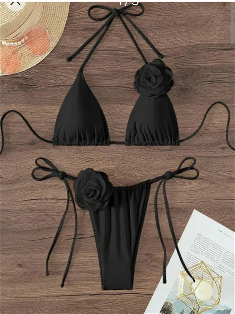 3D Floral Print Brazilian Cutout Thong Swimwear