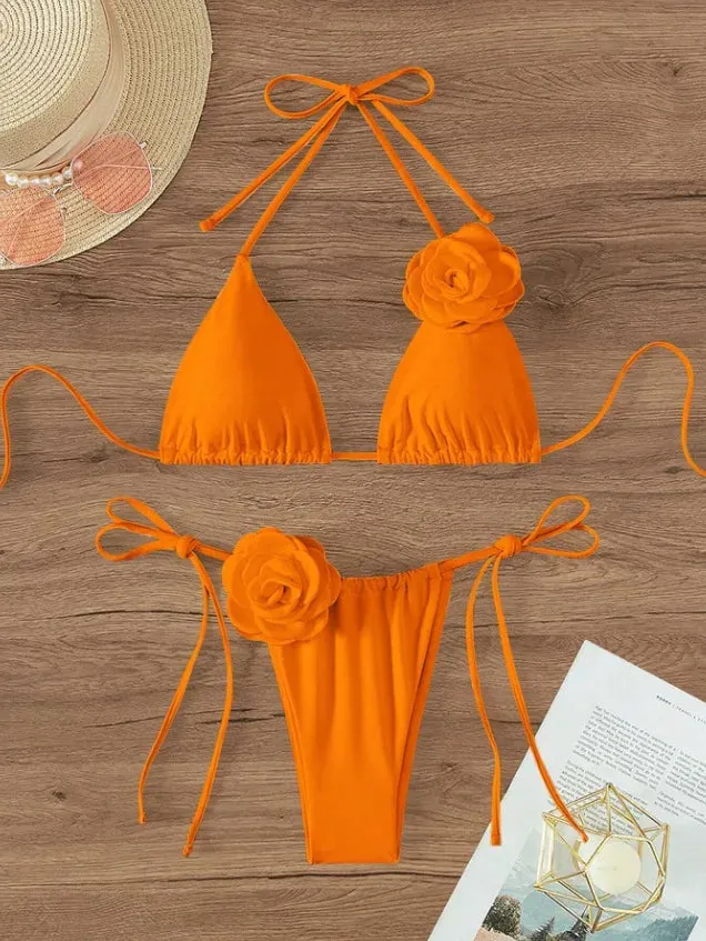 3D Floral Print Brazilian Cutout Thong Swimwear