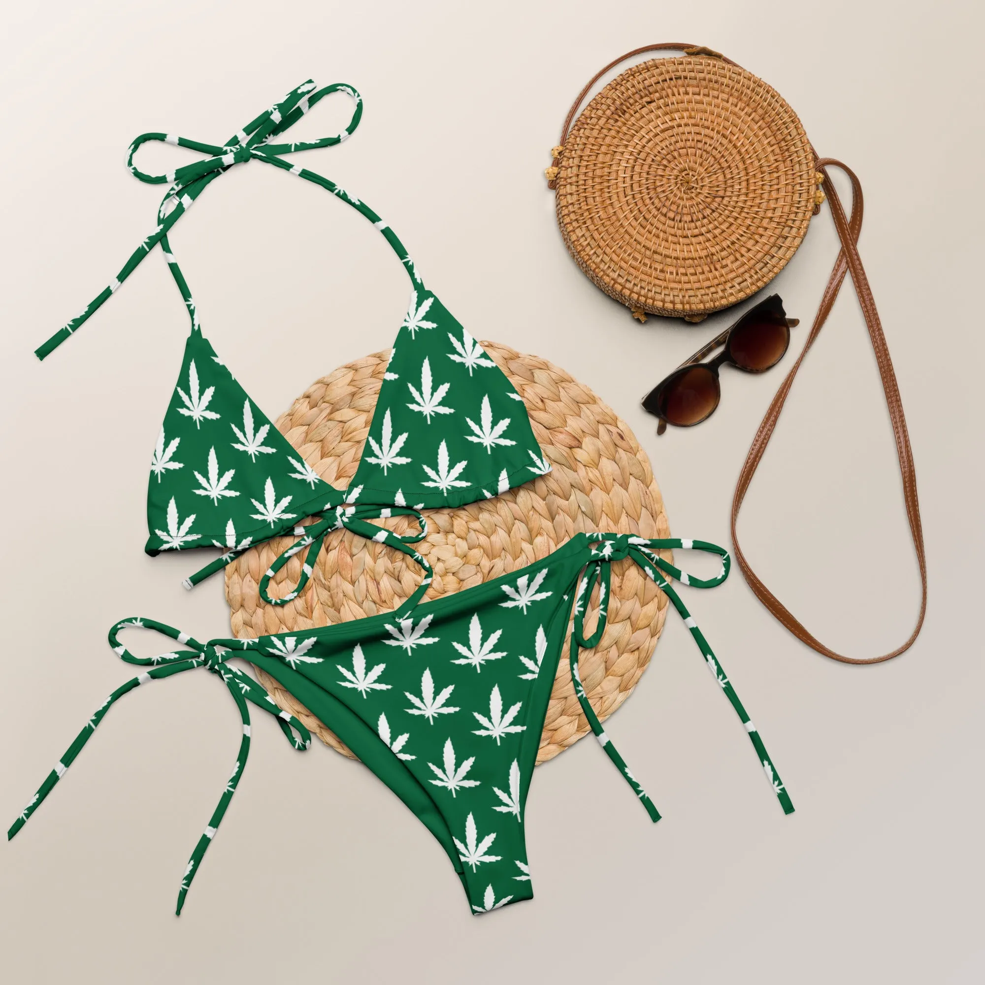 420 White Leaf Recycled String Bikini - Green