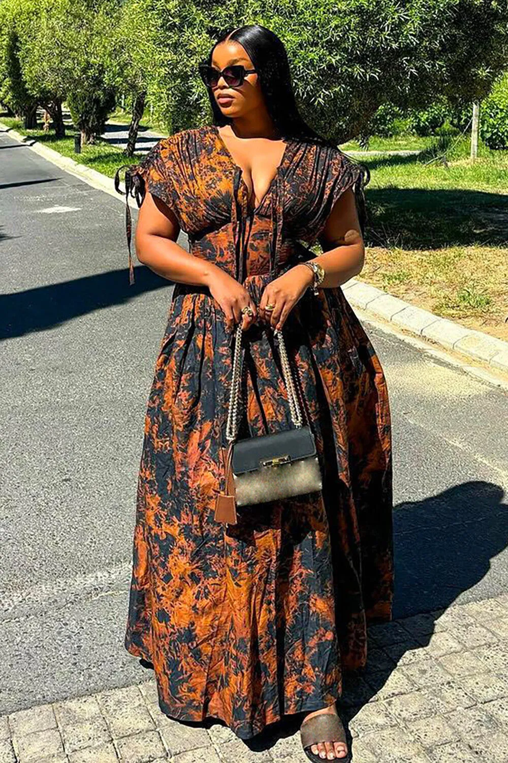 Abstract Print Deep V Neck Tie Up Short Sleeve Cinch Waist Maxi Dresses-Orange