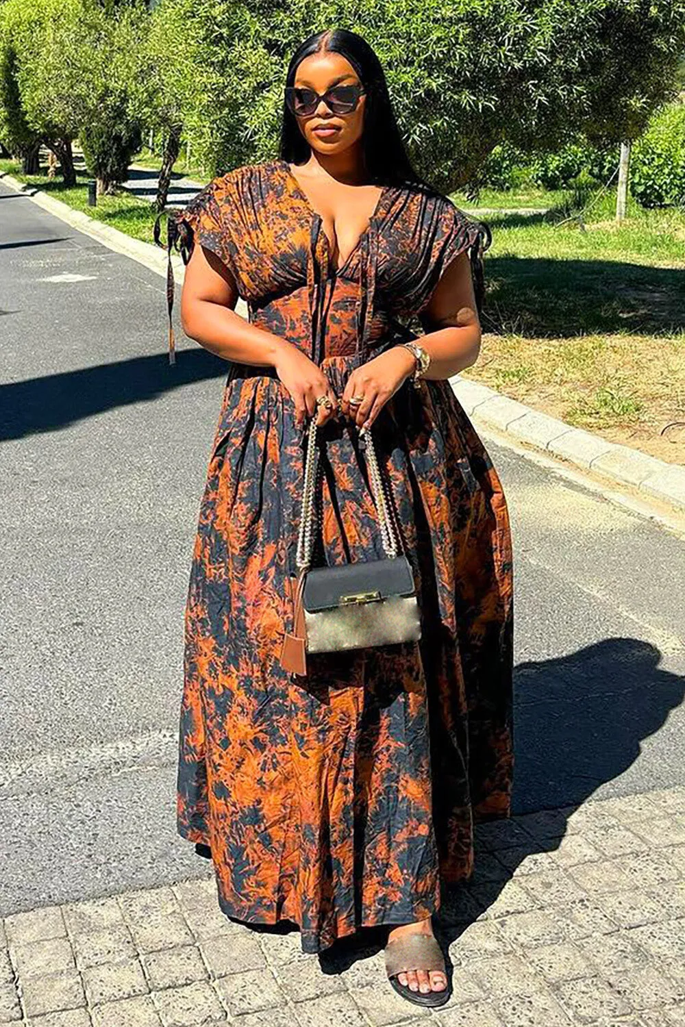Abstract Print Deep V Neck Tie Up Short Sleeve Cinch Waist Maxi Dresses-Orange