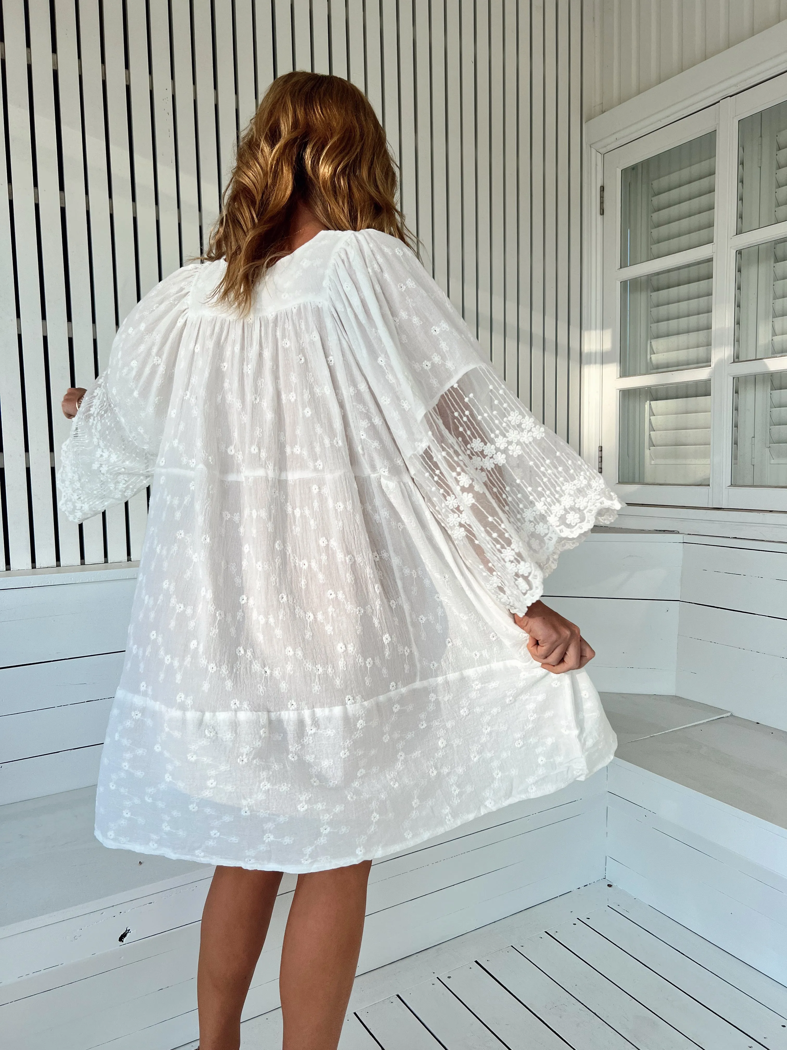 Adela Midi Dress -  White Lace Embroidered