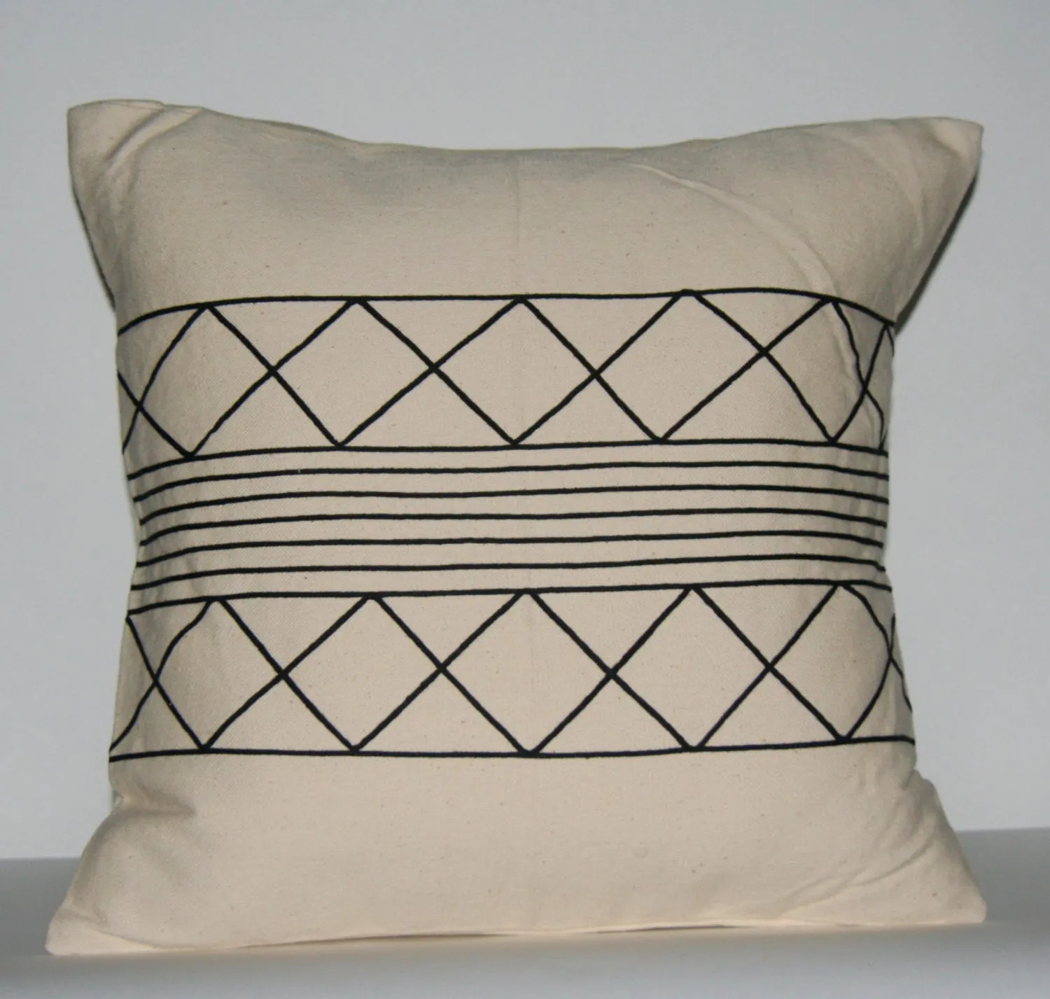 African Tribal Pillow Cream Black  Applique 19" X 19" Xhosa Handmade Design