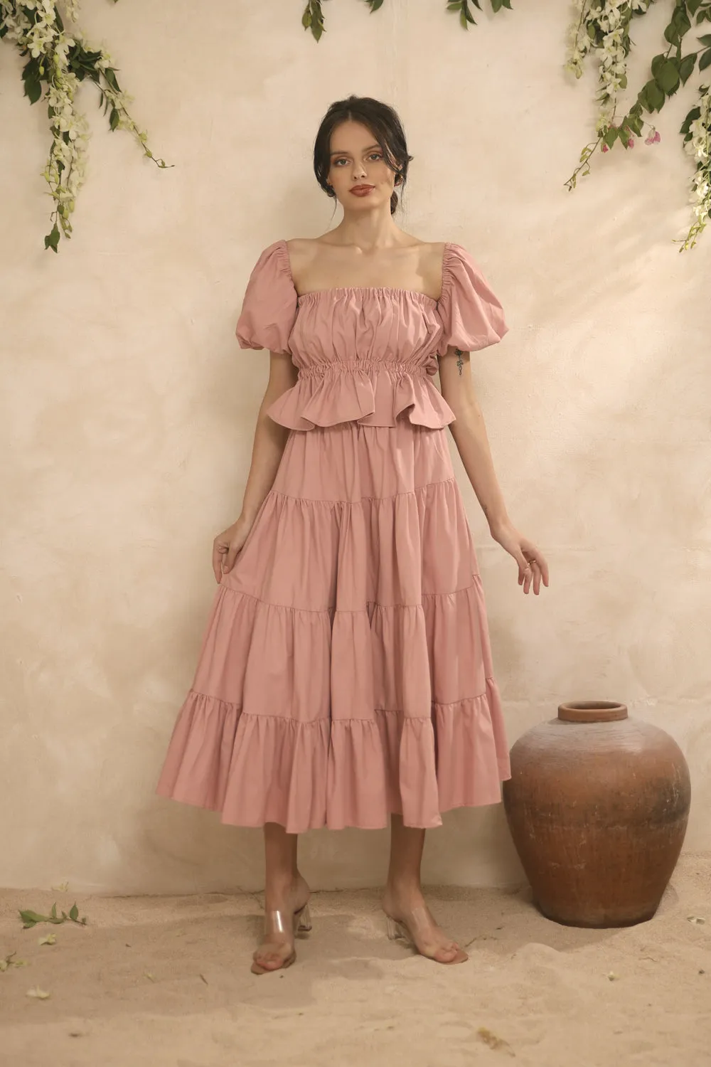 ALBA SET Balloon Sleeve Gartered Top with Four-Layer Midi Skirt (Pink Linen)