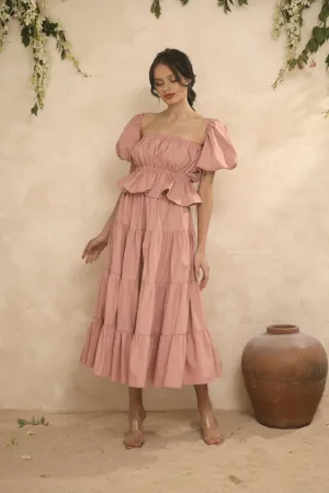 ALBA SET Balloon Sleeve Gartered Top with Four-Layer Midi Skirt (Pink Linen)