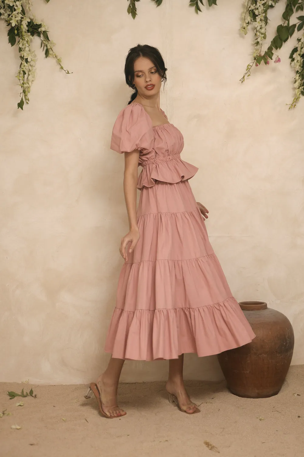 ALBA SET Balloon Sleeve Gartered Top with Four-Layer Midi Skirt (Pink Linen)