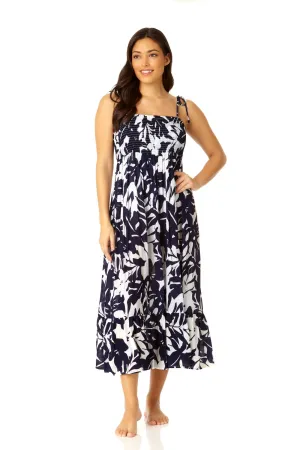 Anne Cole Palm Chic Smocked Shoulder Tie Dress