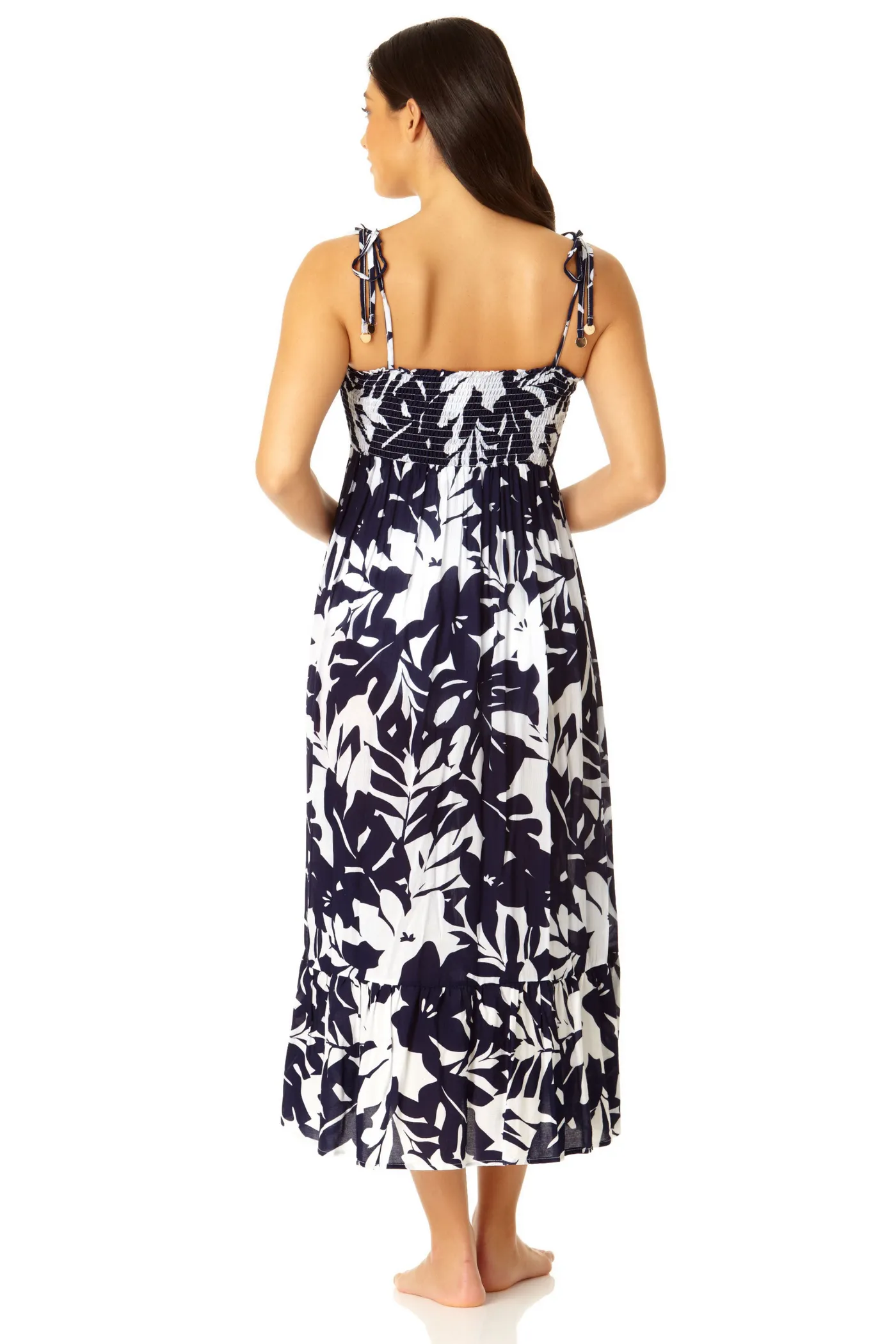 Anne Cole Palm Chic Smocked Shoulder Tie Dress