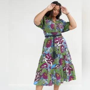 Anthropologie Conditions‎ Apply Puff-Sleeved Floral Midi Dress Size 14
