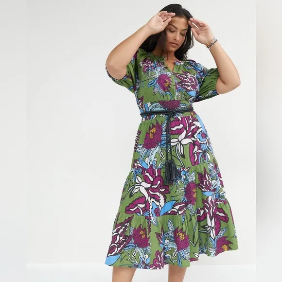 Anthropologie Conditions‎ Apply Puff-Sleeved Floral Midi Dress Size 14