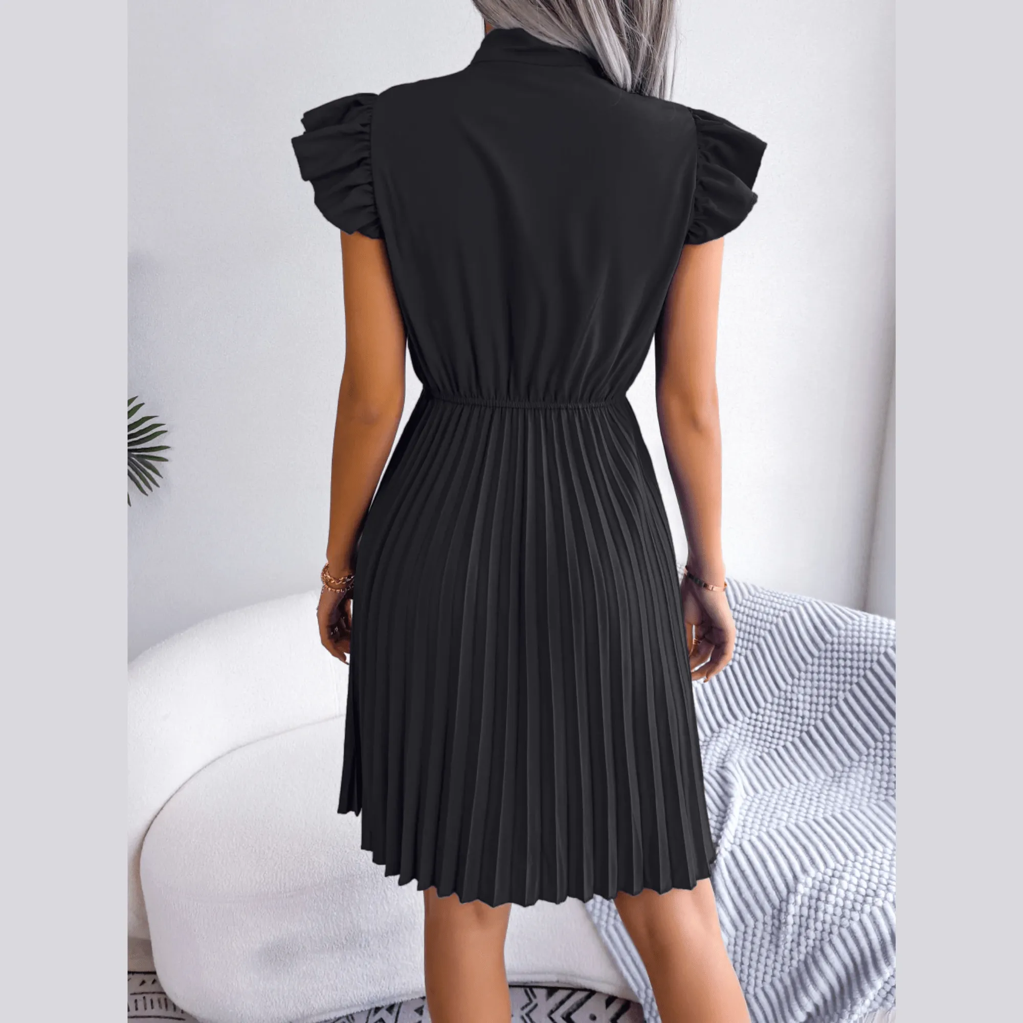 Asia - Black Pleated Ruffled Sleeve Mini Dress