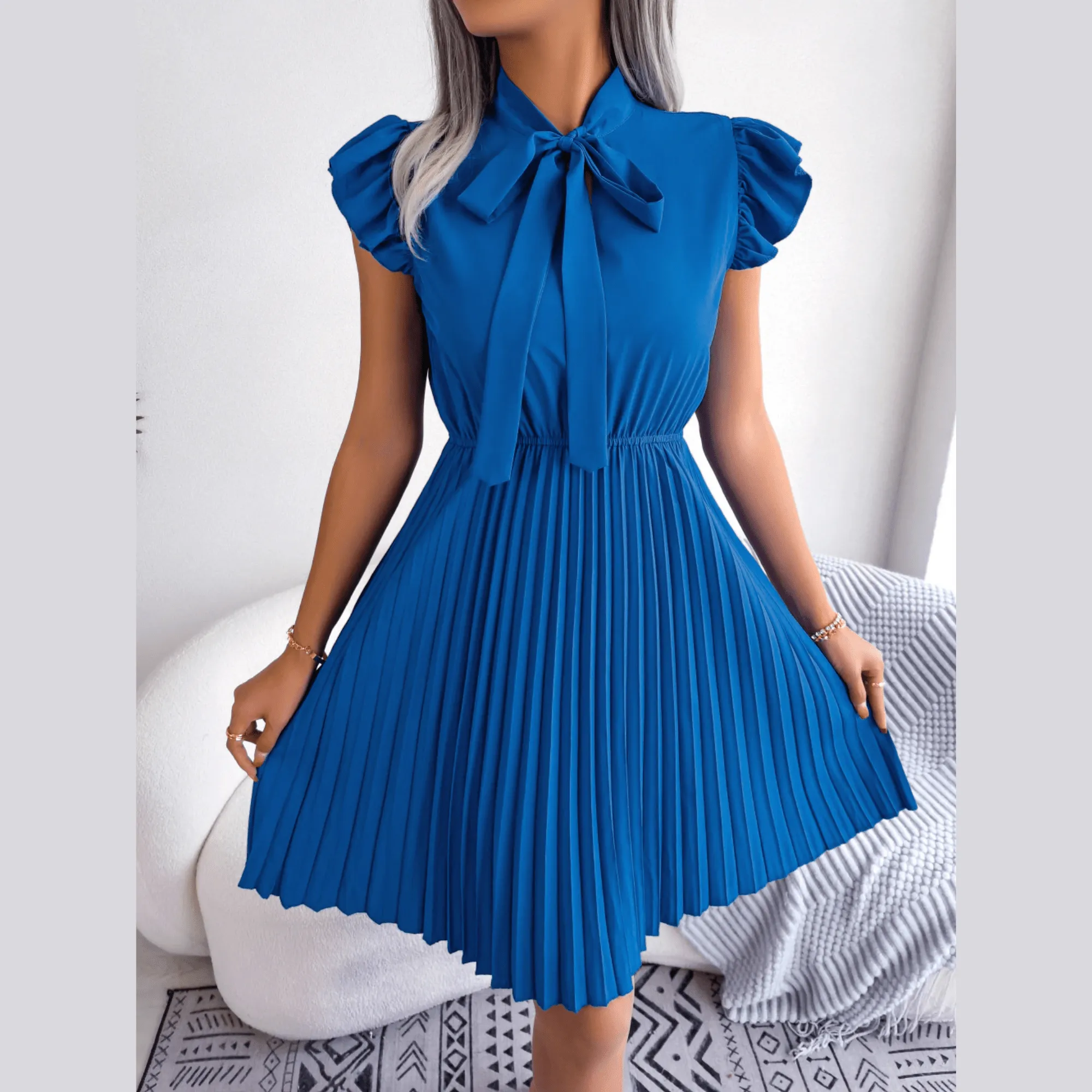 Asia - Blue Pleated Ruffled Sleeve Mini Dress