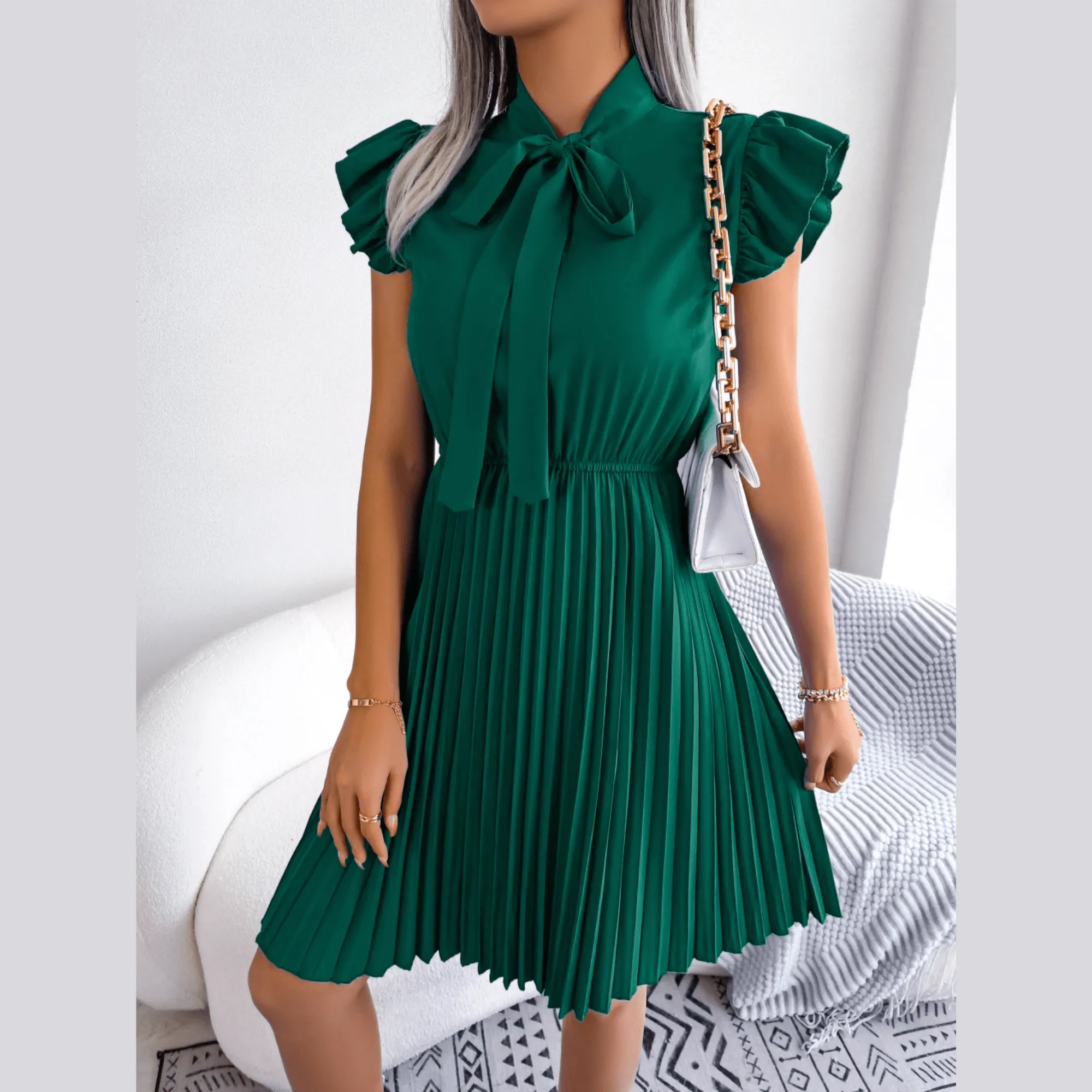 Asia - Green Pleated Ruffled Sleeve Mini Dress