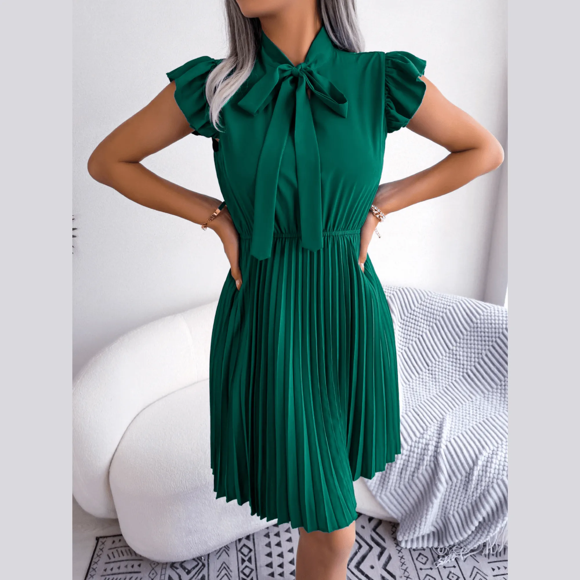 Asia - Green Pleated Ruffled Sleeve Mini Dress