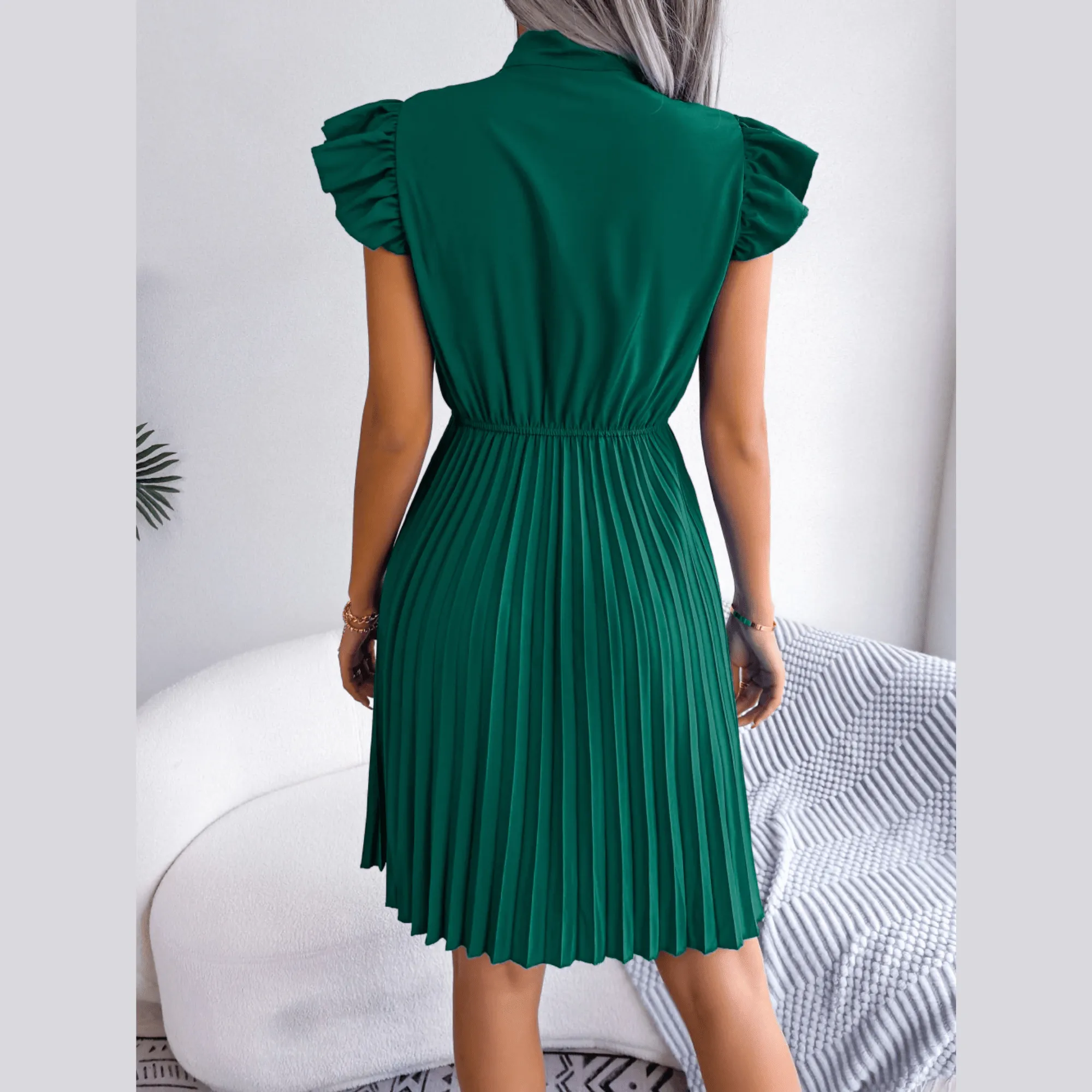 Asia - Green Pleated Ruffled Sleeve Mini Dress