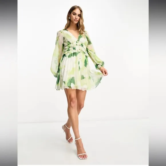ASOS button-through ruched waist chiffon pleated mini dress in floral print 10