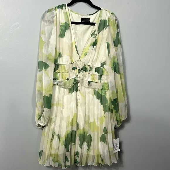 ASOS button-through ruched waist chiffon pleated mini dress in floral print 10