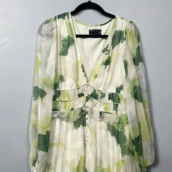 ASOS button-through ruched waist chiffon pleated mini dress in floral print 10
