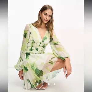 ASOS button-through ruched waist chiffon pleated mini dress in floral print 10