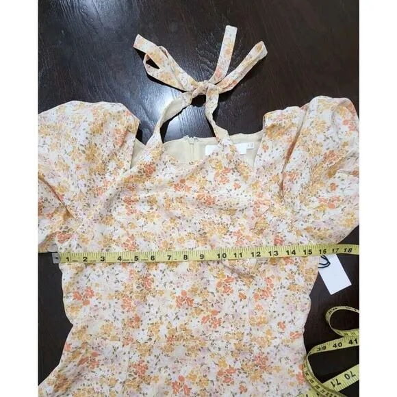 ASTR The Label Puff Sleeve Ditsy Peach Floral A Line Midi Dress Lined‎ Women M
