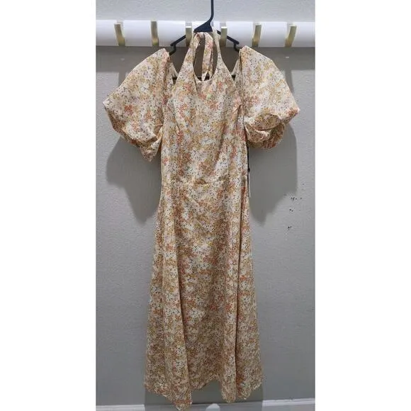 ASTR The Label Puff Sleeve Ditsy Peach Floral A Line Midi Dress Lined‎ Women M