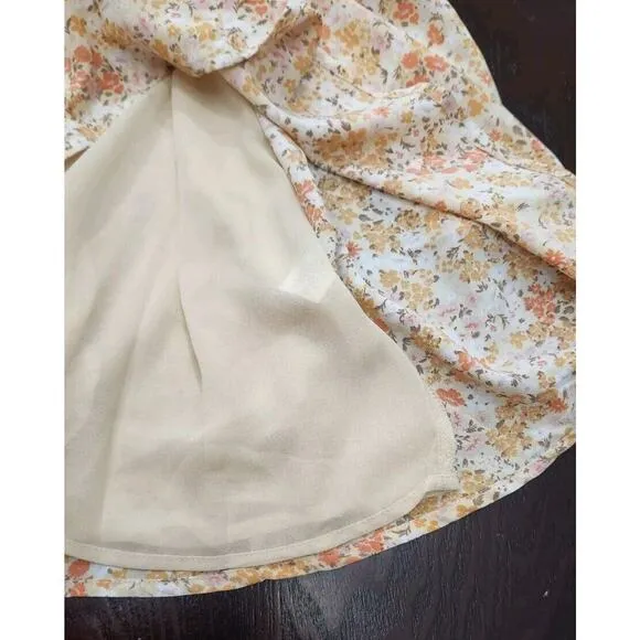 ASTR The Label Puff Sleeve Ditsy Peach Floral A Line Midi Dress Lined‎ Women M
