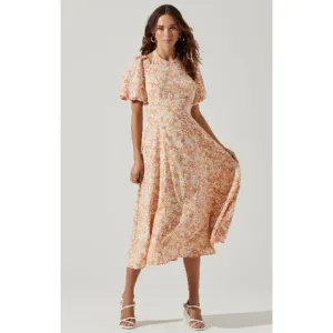 ASTR The Label Puff Sleeve Ditsy Peach Floral A Line Midi Dress Lined‎ Women M