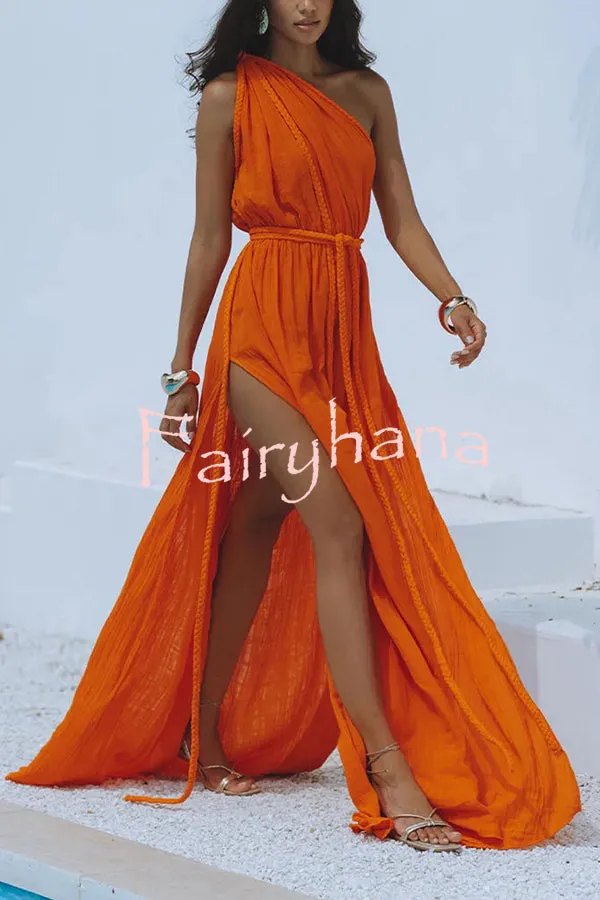 Avani Linen Blend Draped Braids One Shoulder Slit Cover Up Maxi Dress