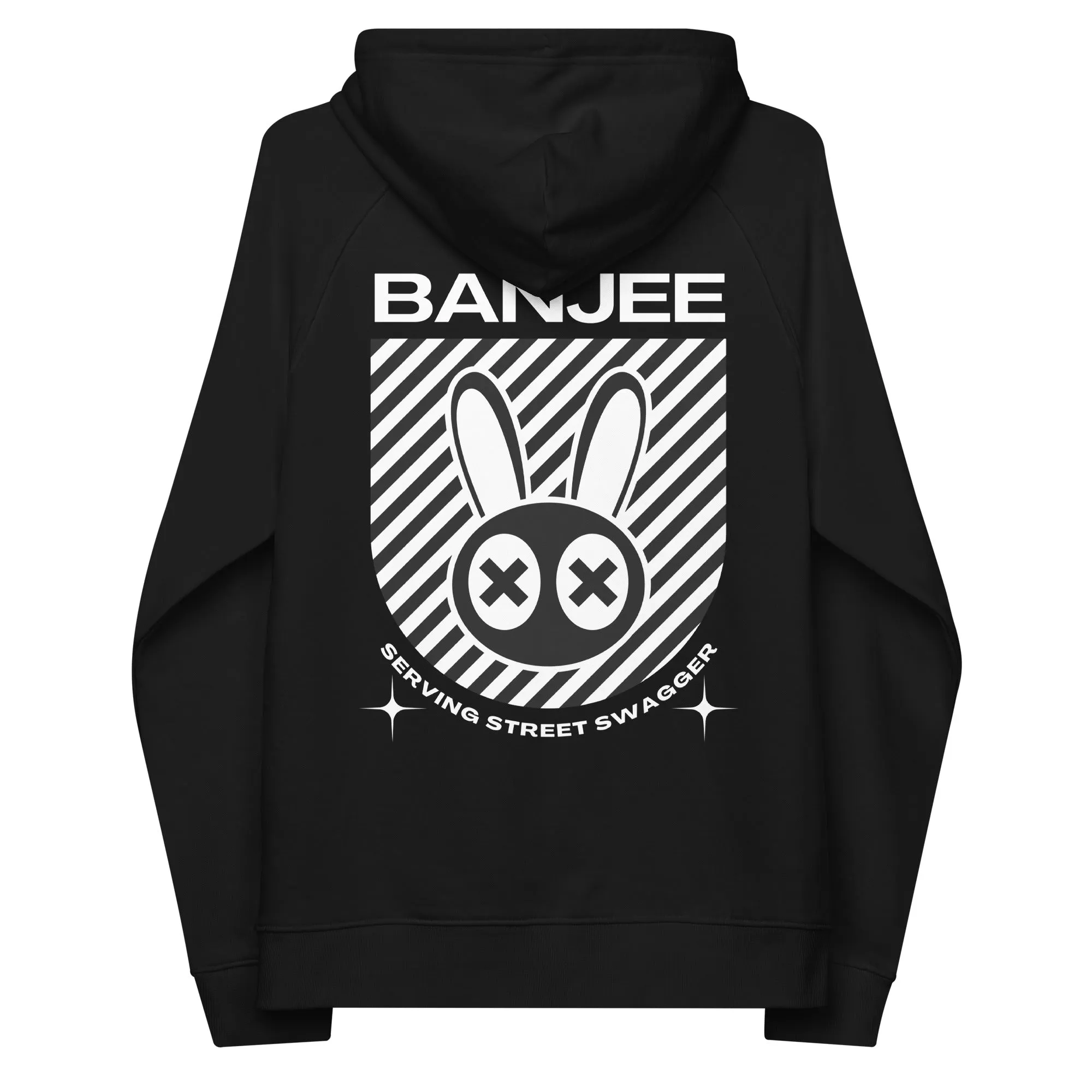 Banjee Graphic Hoodie with Streetwear Inspired B&W Design for Intersectional Pride on back of Black Eco Raglan Hoodie