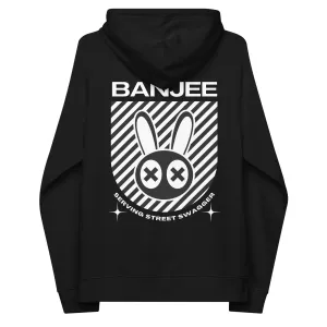 Banjee Graphic Hoodie with Streetwear Inspired B&W Design for Intersectional Pride on back of Black Eco Raglan Hoodie