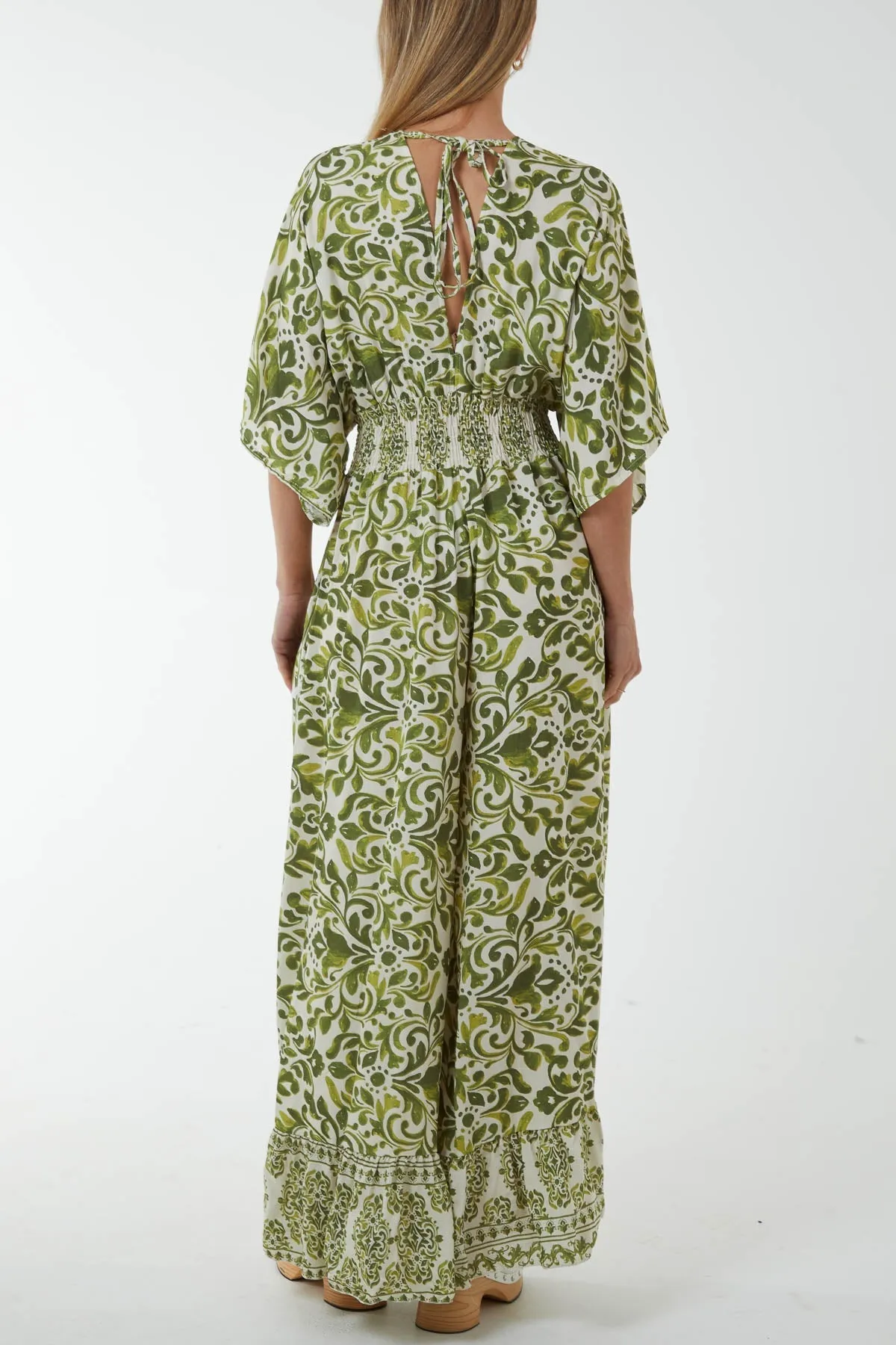 Baroque Tie Back Shirred Wide Leg Jumpsuit