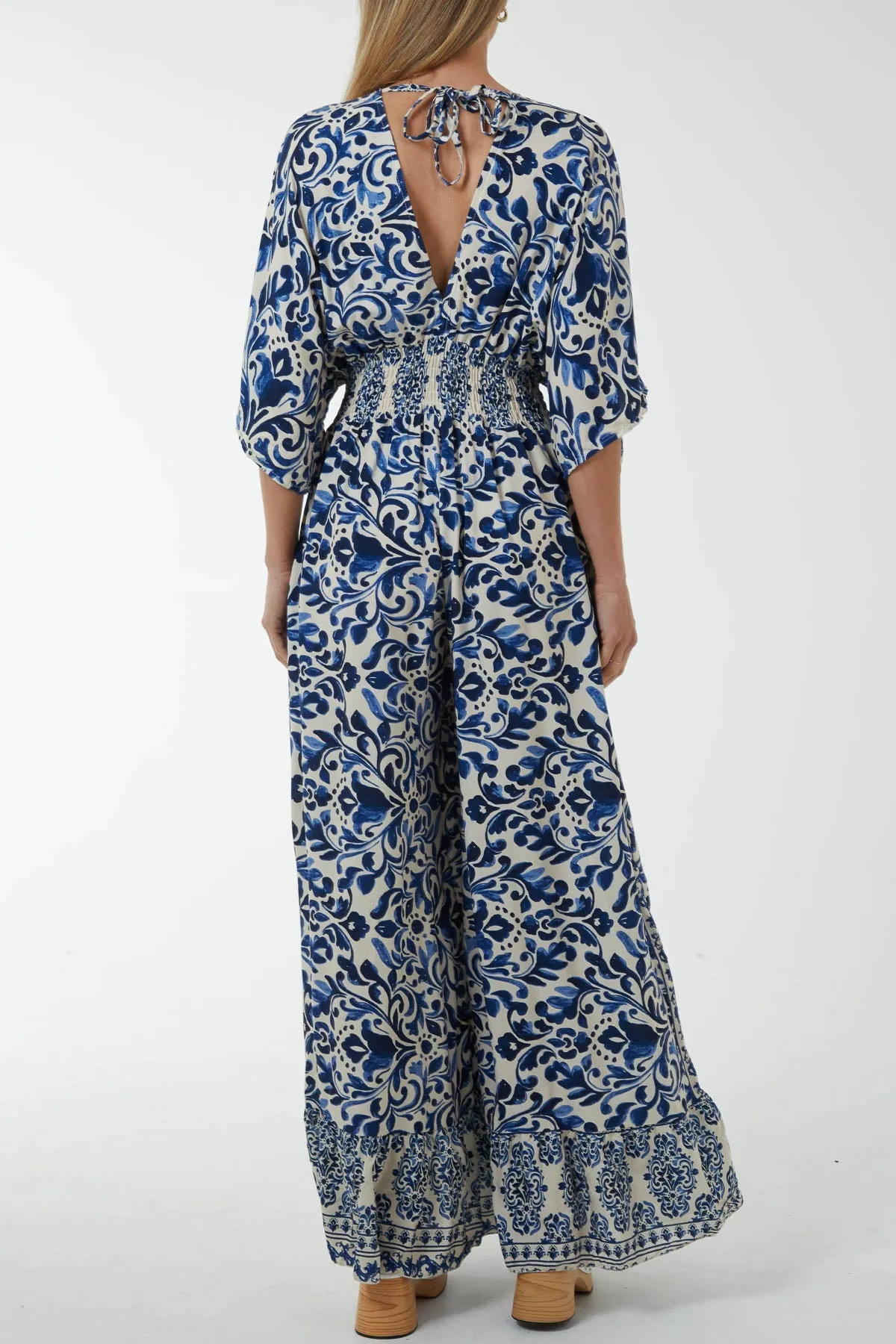 Baroque Tie Back Shirred Wide Leg Jumpsuit