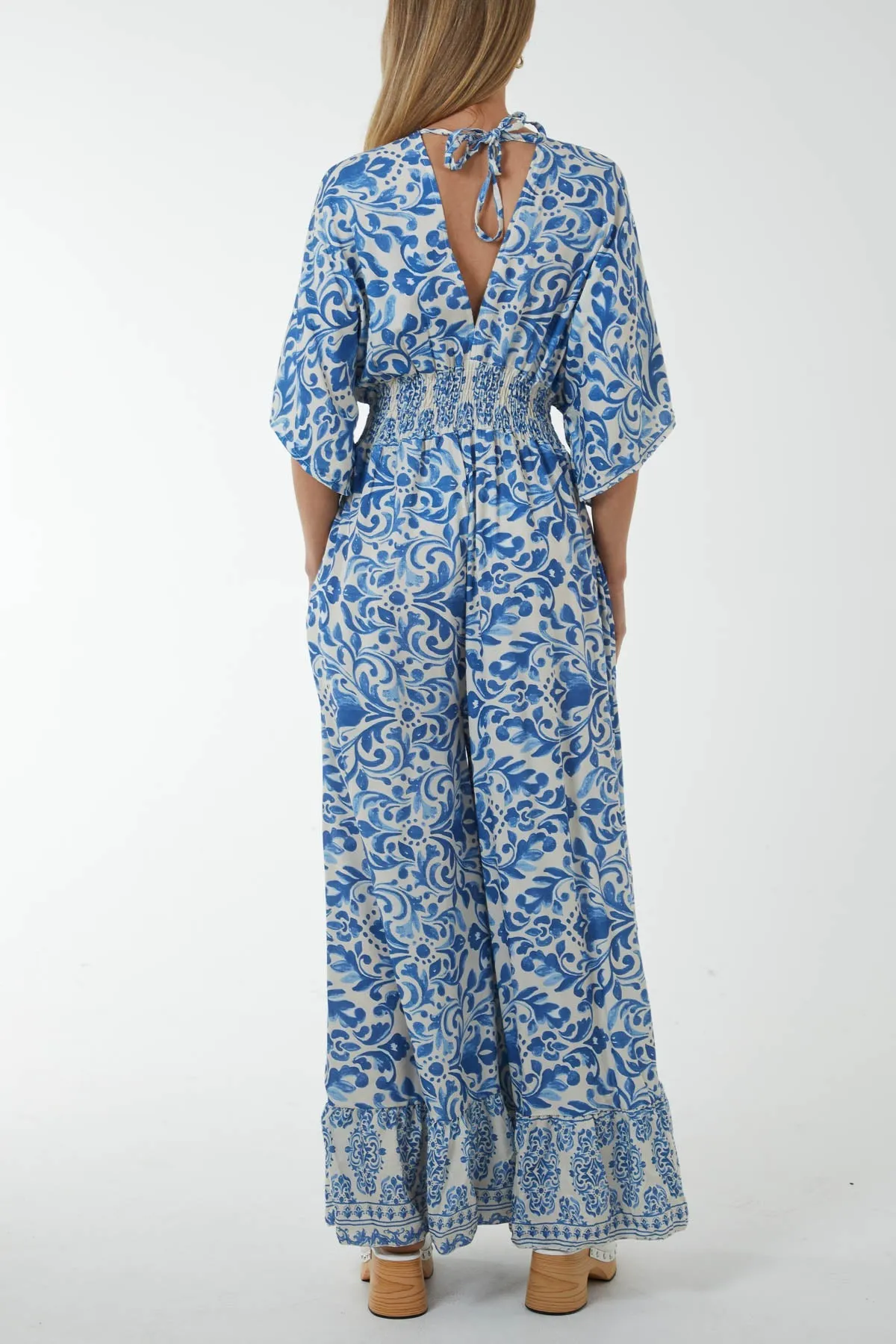 Baroque Tie Back Shirred Wide Leg Jumpsuit