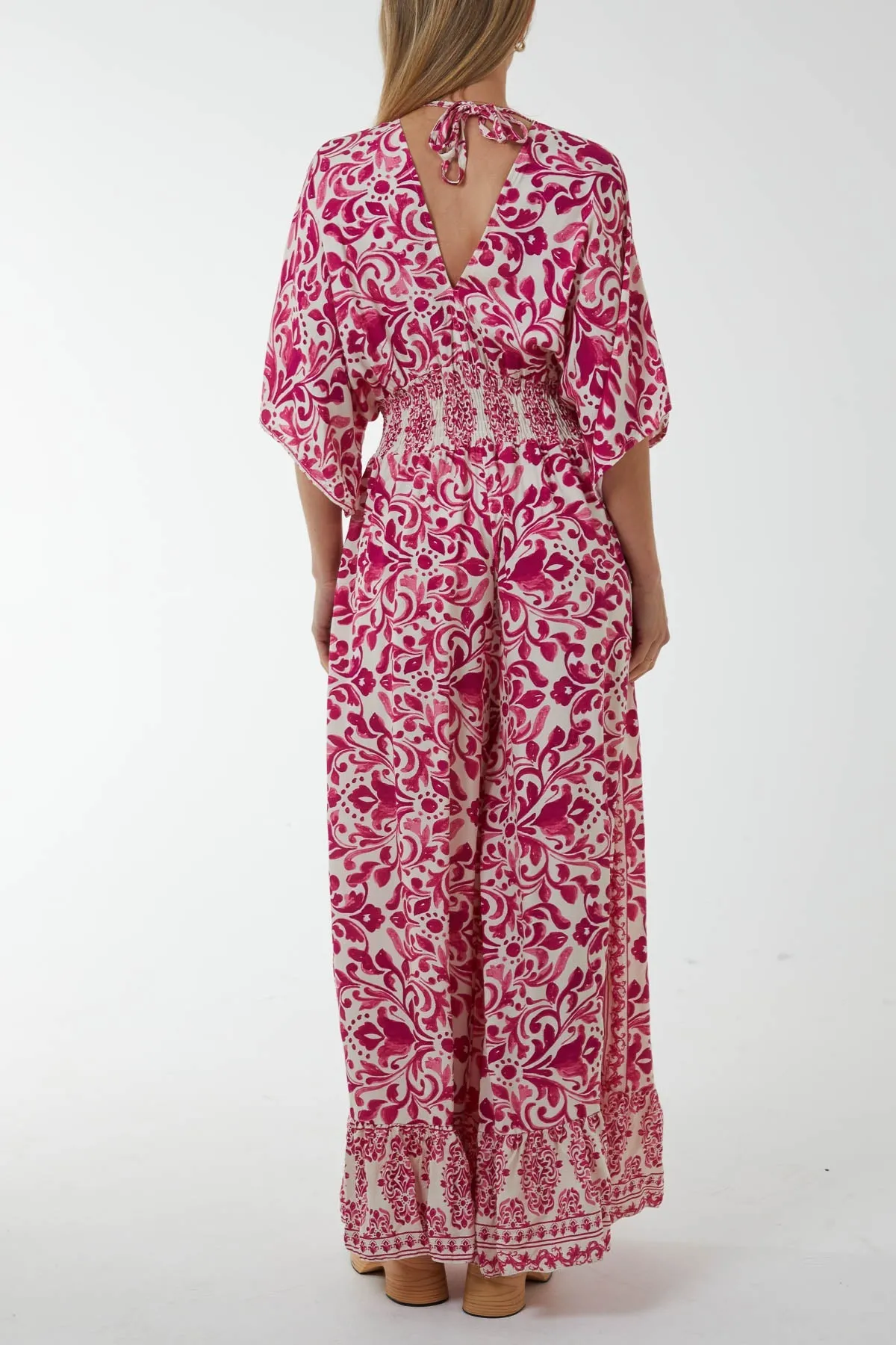 Baroque Tie Back Shirred Wide Leg Jumpsuit