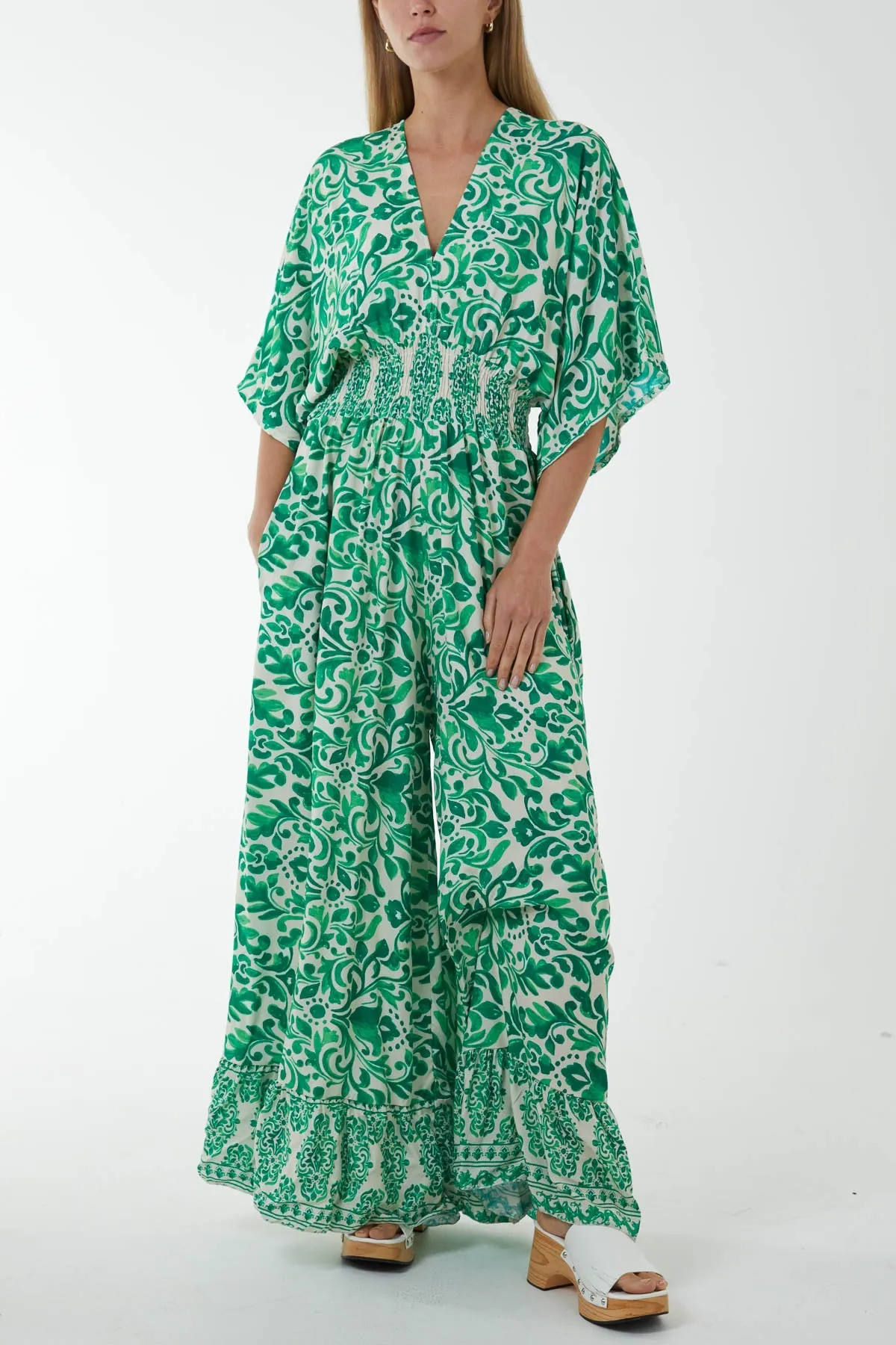 Baroque Tie Back Shirred Wide Leg Jumpsuit