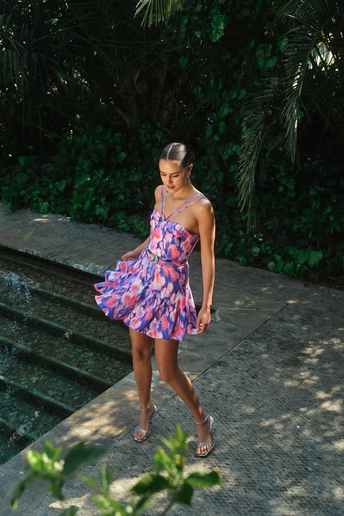 Belted Printed Linen Dress - Purple