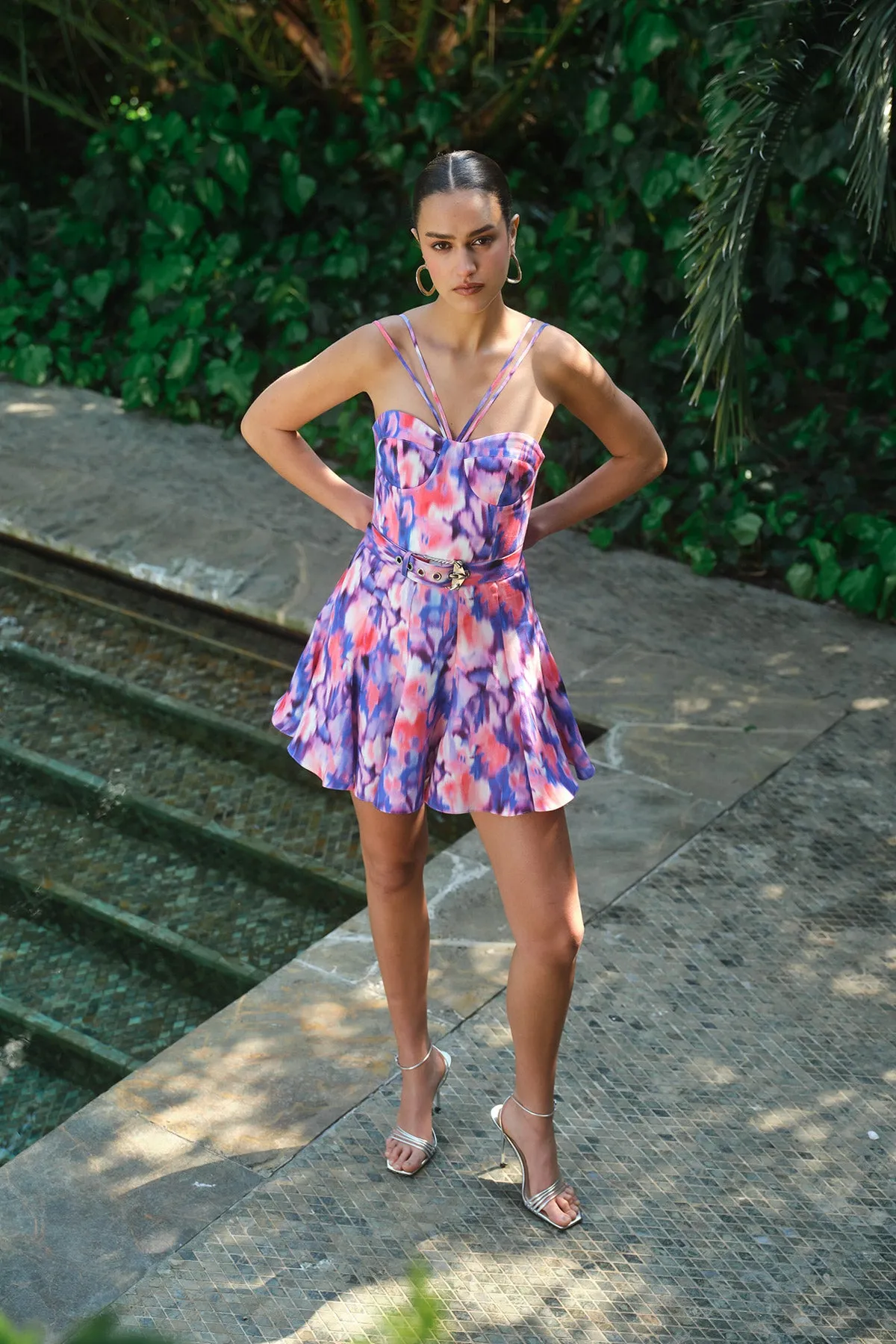 Belted Printed Linen Dress - Purple