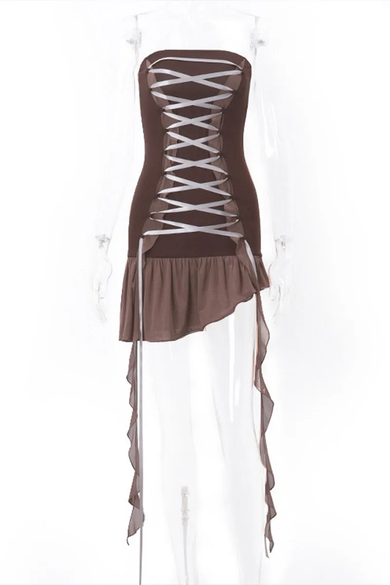 BI877 Strapless Tassel Pleated Mini Dress