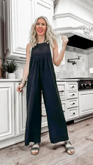 Black Button Sling Wide-leg Overall Jumpsuit**