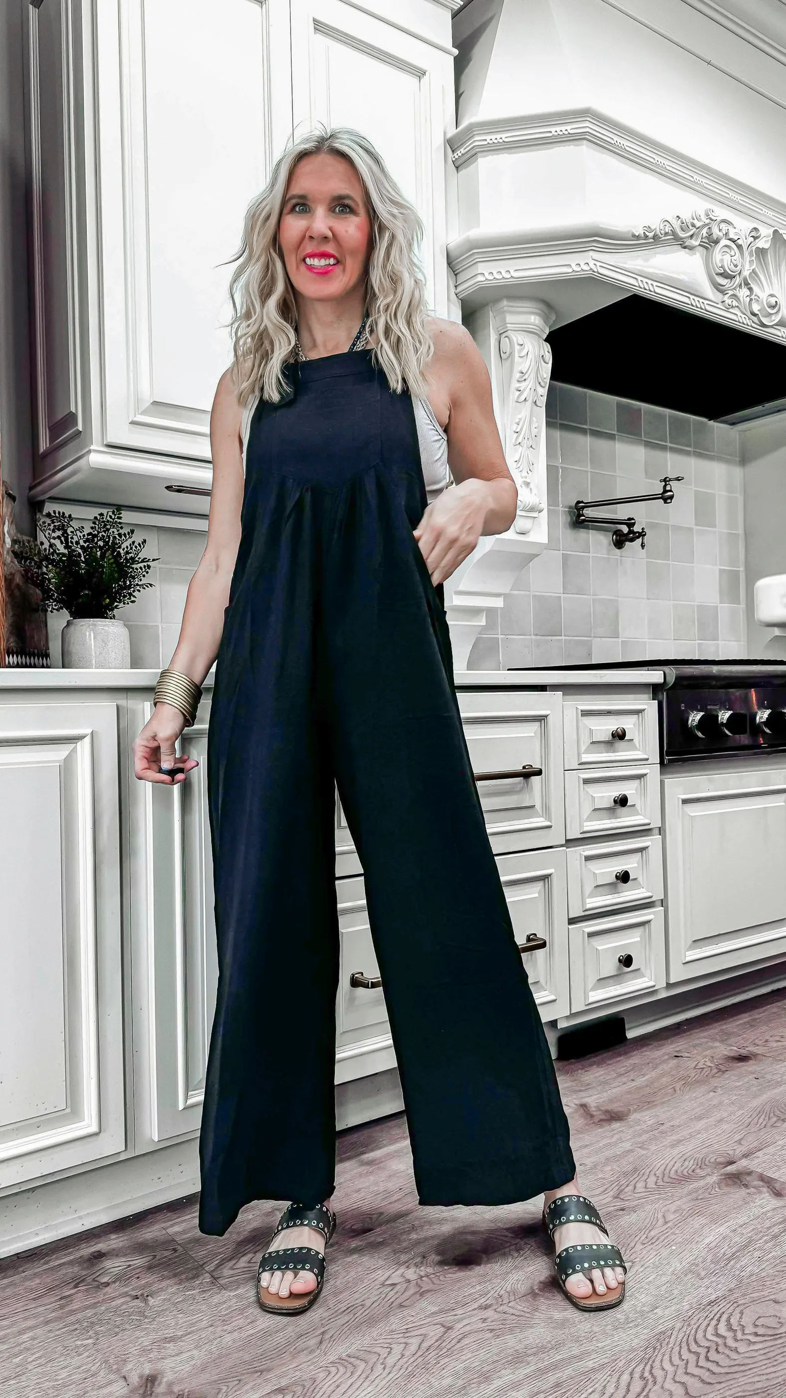 Black Button Sling Wide-leg Overall Jumpsuit**
