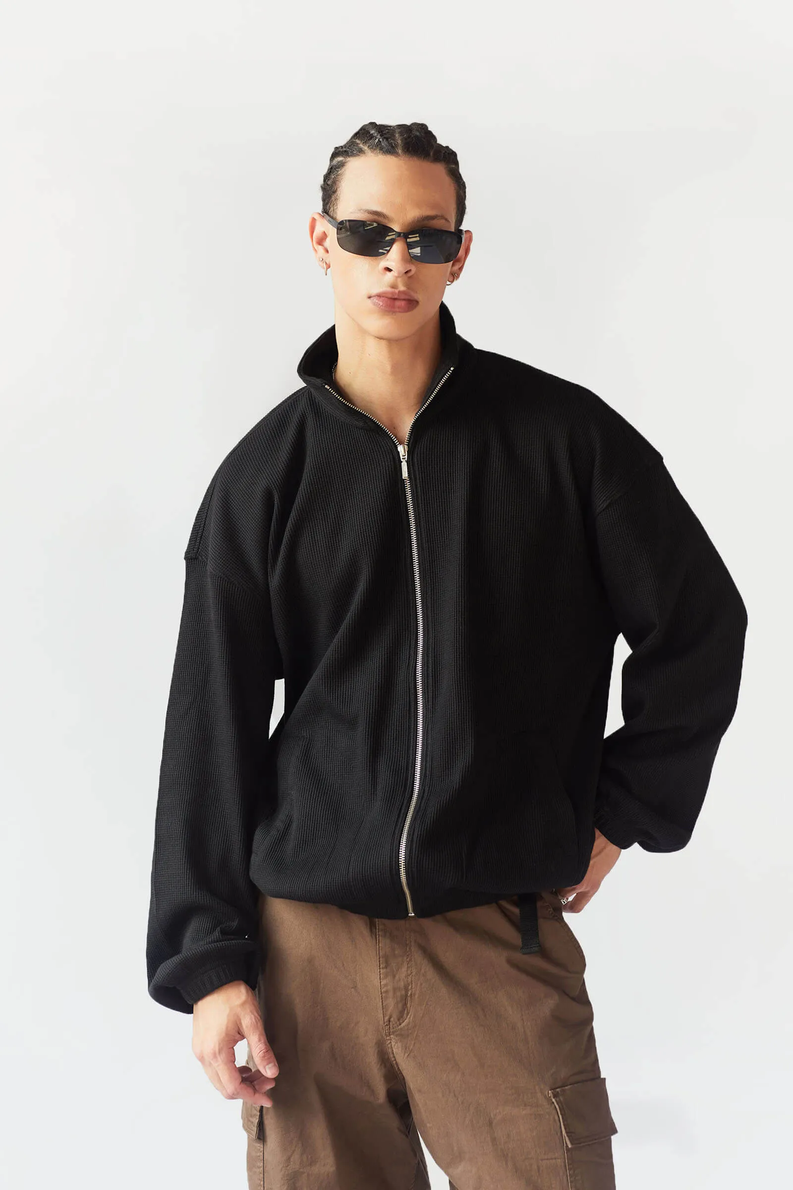 Black Full Sleeves Waffle Zipper