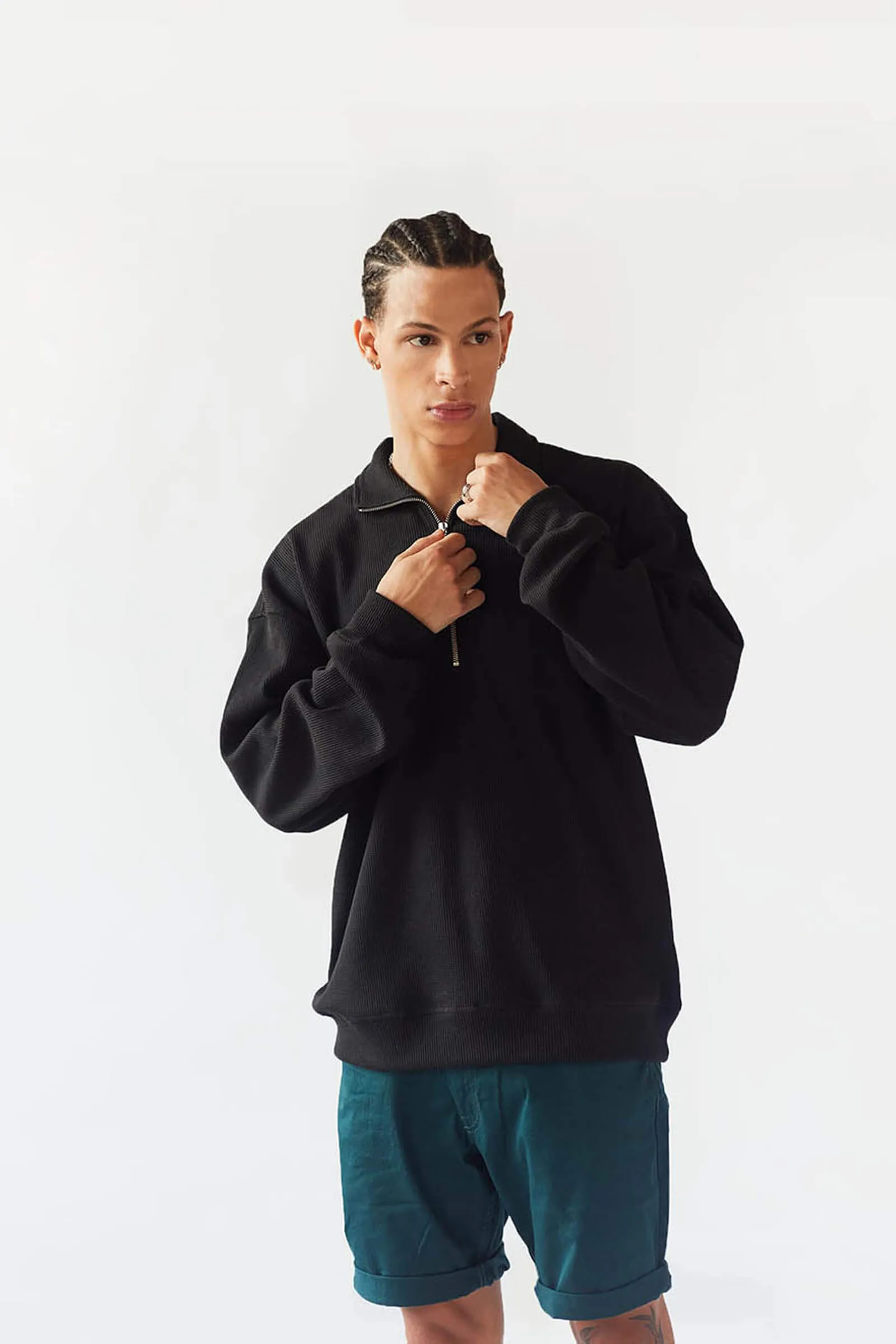 Black Half Zip Waffle Sweatshirt
