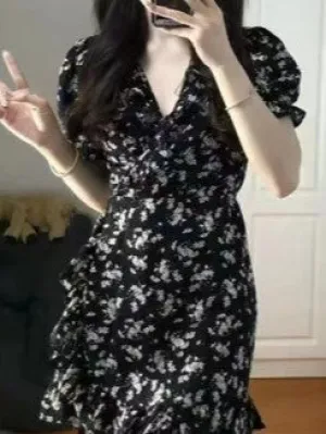 Black Mini Wrap Dress With Ruffles