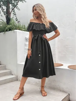 Black Off Shoulder Front Button Down Flared Dress