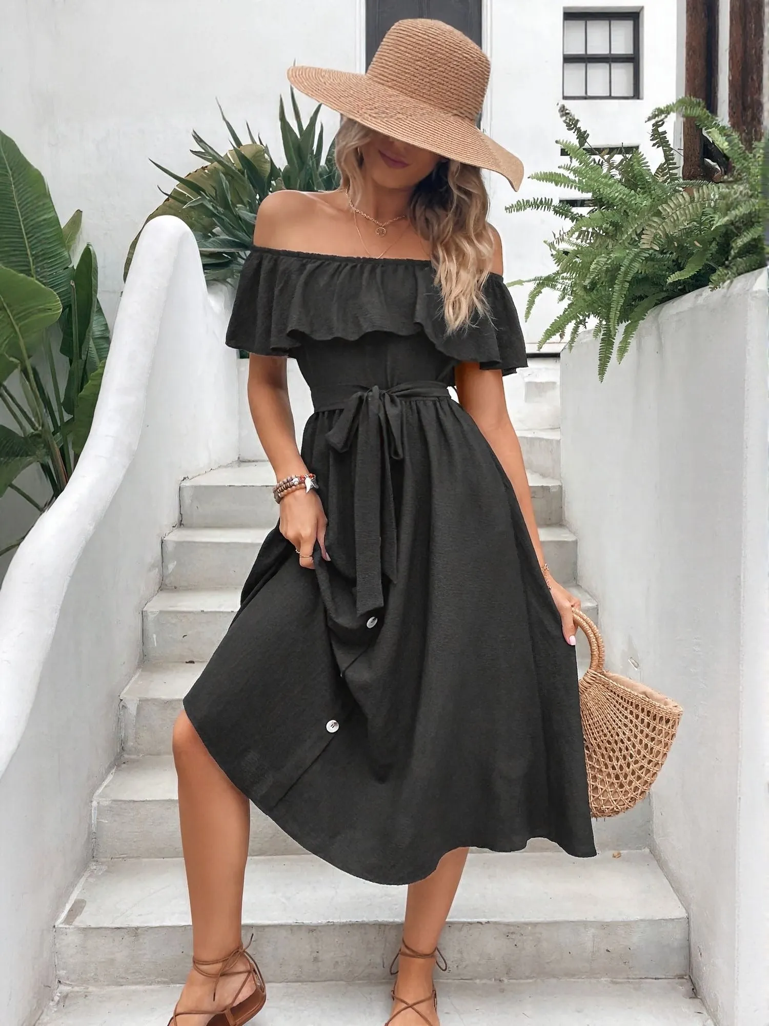 Black Off Shoulder Front Button Down Flared Dress
