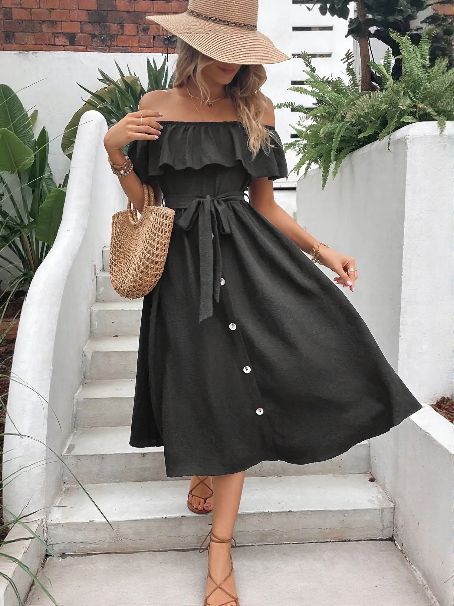 Black Off Shoulder Front Button Down Flared Dress